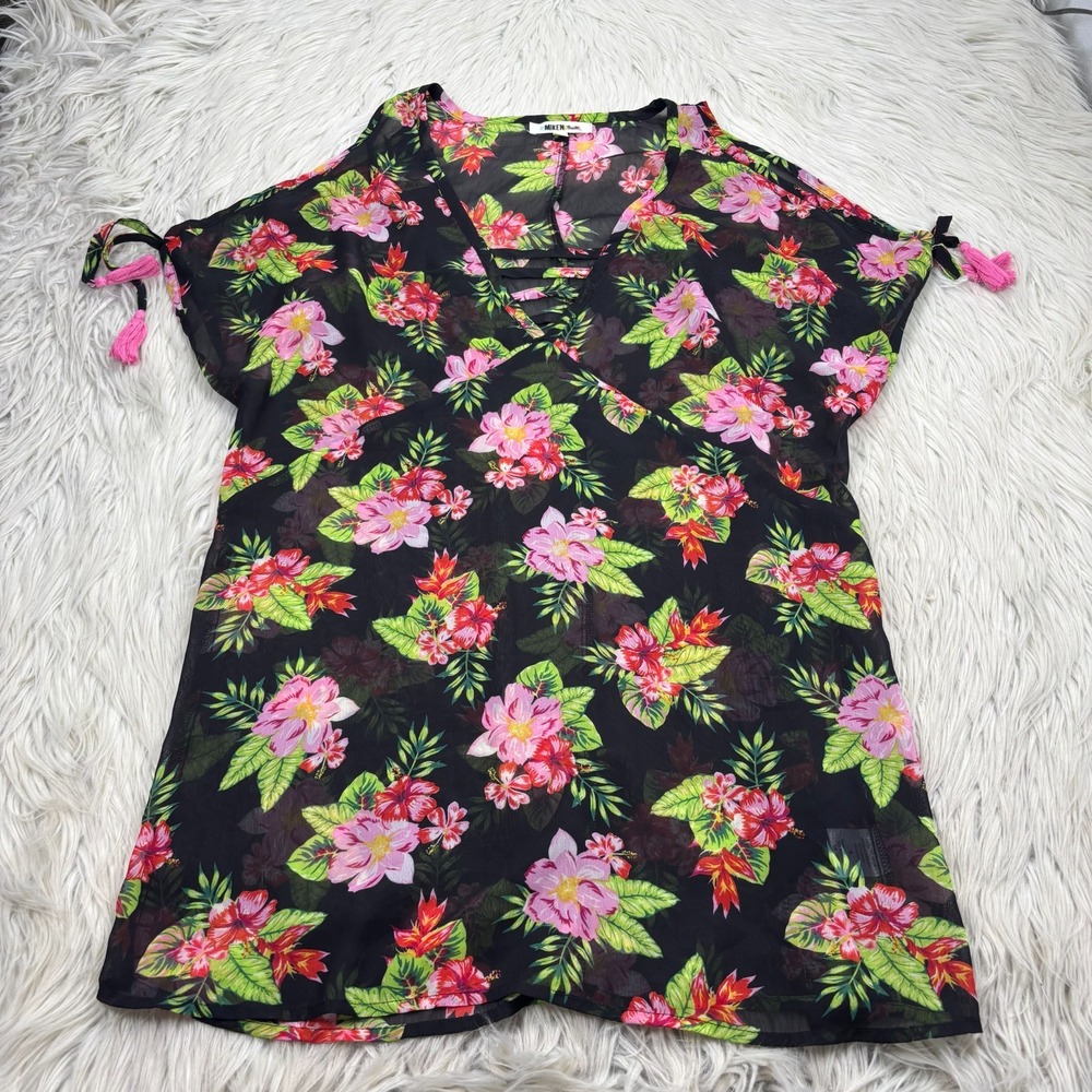 Miken Swim Women's S Tropical Floral Sheer Swim Coverup Tassel Resort‎ Vacation